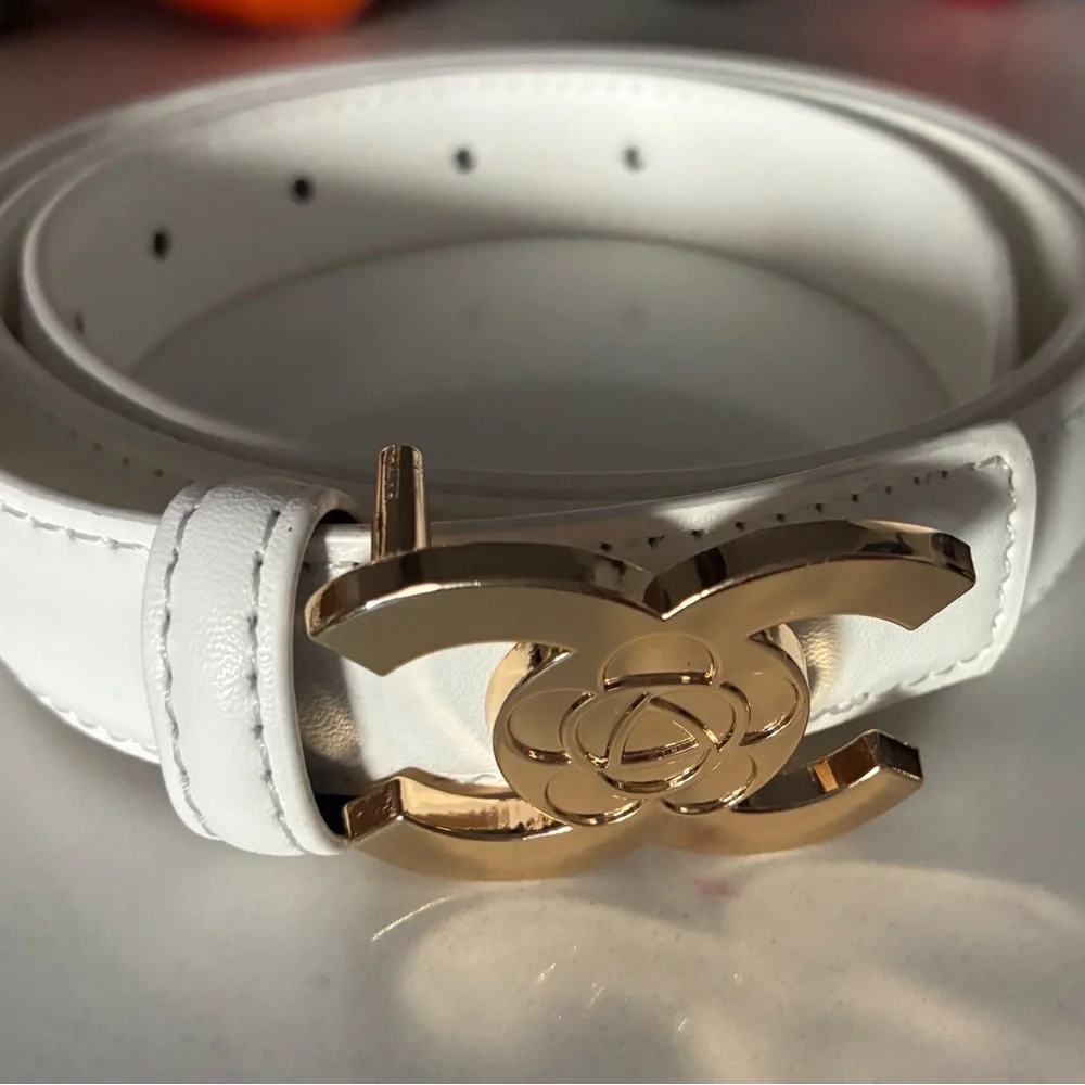 White Leather Belt with Gold Camellia Buckle